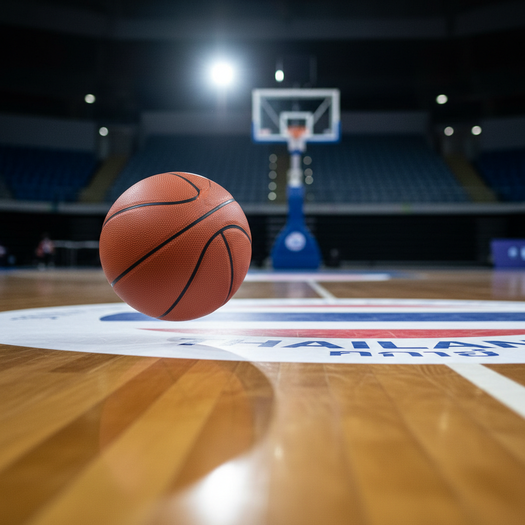 A dramatic courtside photographic realism scene focused on a polished hardwood floor where a bright orange basketball is frozen mid-bounce, slightly compressed against the surface. The reflection of the ball is visible on the lacquered wood, surrounded by subtly blurred white boundary lines and the faint hint of a Thai team logo at midcourt. Directional arena lighting from above and slightly behind creates a striking highlight along the ball’s curvature and a soft trailing shadow ahead, suggesting motion and intensity. Captured from a low-angle, almost floor-level perspective with shallow depth of field, the image feels fast-paced and energetic while remaining clean and professional, ideal for illustrating breaking Thai basketball news or game recaps without showing any players.
