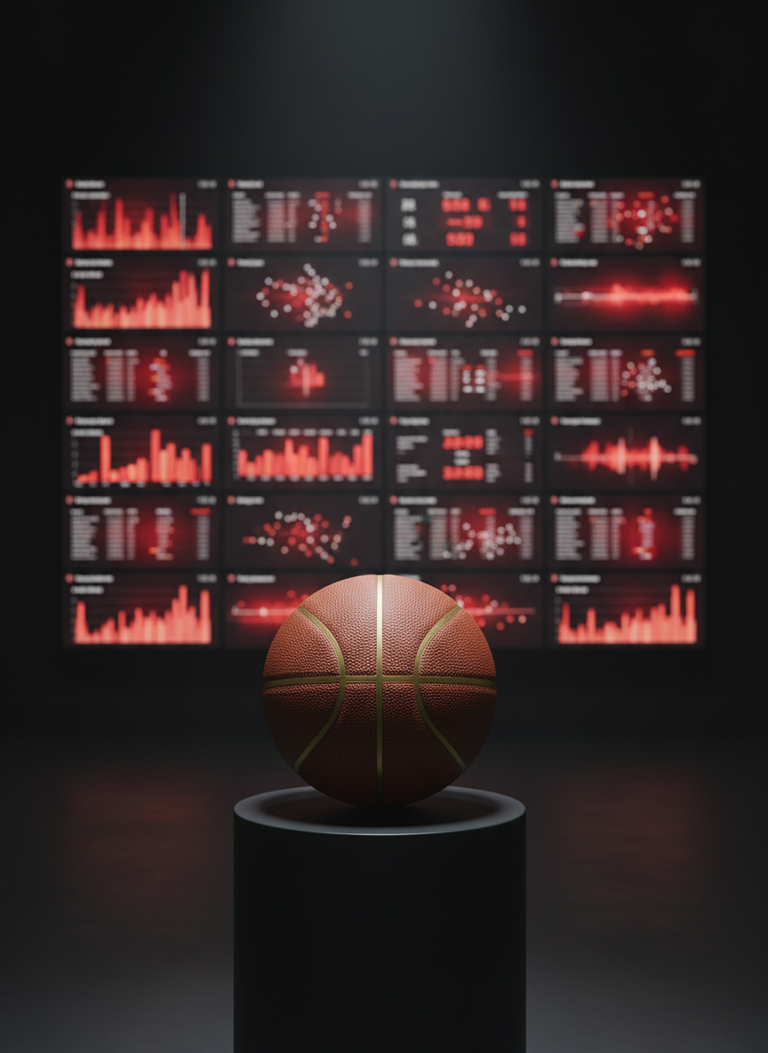 A photographic realism image of a modern digital scoreboard wall dedicated to Thai basketball statistics, composed of multiple sleek, thin-bezel screens aligned in a clean grid. Each screen shows abstracted, slightly blurred data: scores, shot charts, and league tables in red, white, and orange tones on dark backgrounds, suggesting real-time updates without readable details. A basketball with rich leather texture rests on a simple black pedestal in the foreground, sharply in focus and illuminated by a soft spotlight from above, casting a neat circular shadow. The rest of the room remains dark and minimal, emphasizing the glow of the screens. Captured at eye level with a shallow depth of field, the mood is high-tech, data-driven, and authoritative, ideal for advanced analytics or standings sections of a Thai basketball news site.