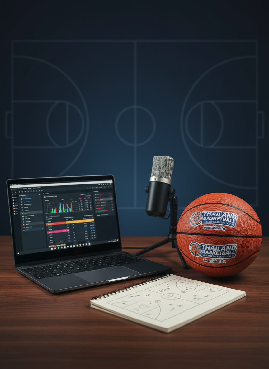 A meticulously organized media desk setup for Thai basketball journalism in photographic realism: a sleek black laptop displaying a blurred basketball stats dashboard, positioned on a dark wood table. Beside it lies an orange basketball with visible Thai league branding, a neatly stacked notepad with diagrams of offensive plays, and a high-quality microphone on a compact stand, hinting at professional analysis and podcasts. Cool, soft studio lighting from the left casts gentle shadows and creates subtle metallic reflections on the microphone grille. The background is a smooth, dark gradient with a faint outline of a basketball court diagram, keeping the scene focused and uncluttered. Shot at a slightly elevated angle with crisp focus throughout, the mood is serious, analytical, and perfectly aligned with a professional Thai basketball news brand.