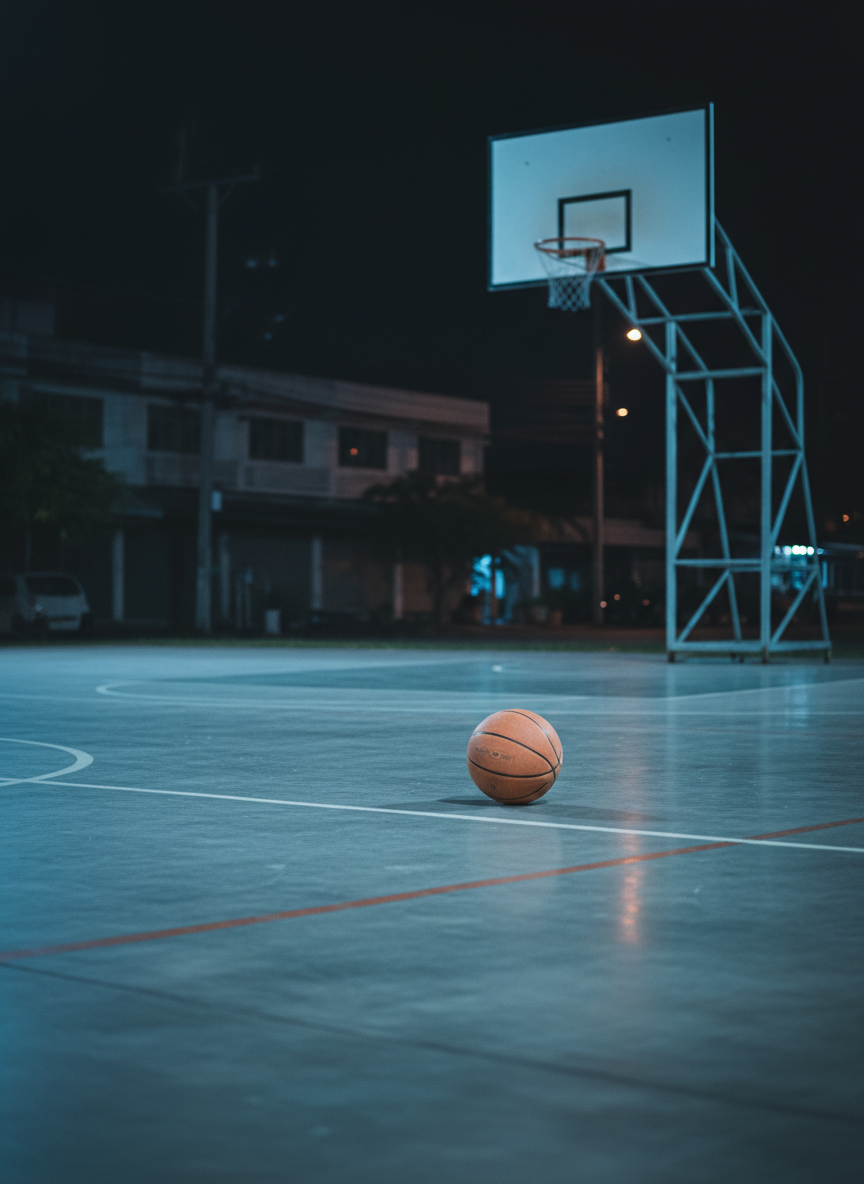 A nighttime photographic realism shot of an empty Thai street-side basketball court lit by bright, cool-toned floodlights. The smooth concrete surface shows faint scuff marks and worn three-point lines, telling stories of countless local games. A single, well-used orange ball sits near the free-throw line, its surface slightly faded yet clearly textured. In the background, dark silhouettes of low Thai buildings and soft bokeh from distant streetlights create context without distraction. The hoop and backboard stand tall in semi-silhouette, rim catching a slim edge of light. Captured from a low, sideline angle, the composition uses leading lines of the court markings to draw the eye toward the ball. The atmosphere is contemplative yet hopeful, perfect for human-interest stories about Thai basketball culture and community courts.