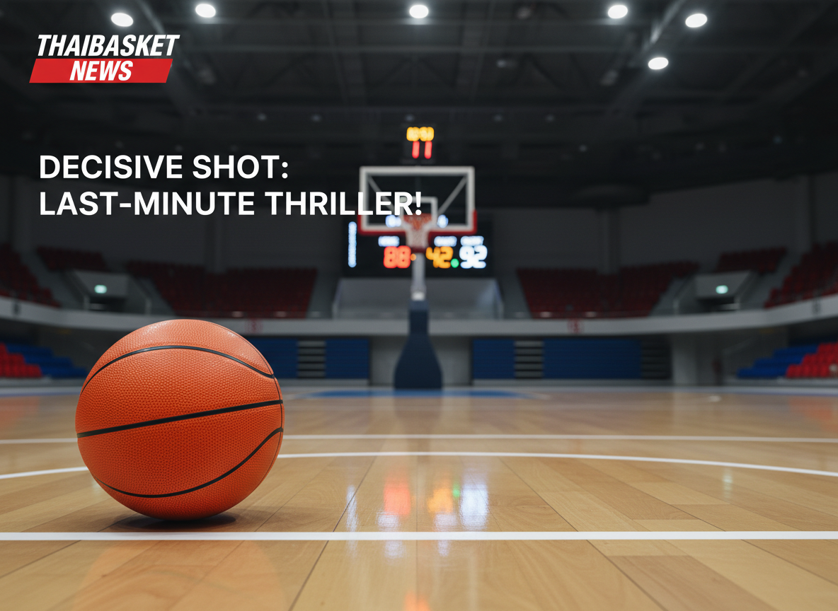 A professional basketball news homepage hero image showing an immaculate indoor Thai basketball court, the glossy wooden floor reflecting the bright white backboard and crimson rim with a perfectly netted hoop. A vibrant orange ball rests precisely at the three-point line, its textured surface and black seams sharply detailed. In the background, an LED scoreboard glows with neutral numbers, slightly out of focus, suggesting live updates. Overhead arena lights cast clean, even illumination, creating crisp highlights on the ball and court while leaving the grandstands in a soft blur. Captured at eye level with a shallow depth of field, the composition feels dynamic yet orderly, evoking accuracy, timeliness, and professional photographic realism suitable for a leading Thai basketball news site.