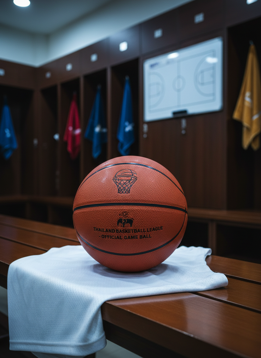 A close-up, photographic realism shot of an official Thai professional league basketball resting atop a neatly folded white jersey on a polished locker room bench. The ball’s pebbled leather texture, deep orange color, and finely imprinted league logo are in sharp focus, while the background features slightly blurred wooden lockers adorned with neatly hung team-colored towels and a clean, minimal tactics whiteboard. Cool, diffused overhead lighting creates soft reflections on the ball and subtle shadows beneath the bench, emphasizing a calm yet intense pre-game atmosphere. Framed using the rule of thirds from a slightly elevated angle, the image conveys precision, preparation, and authoritative coverage for Thai basketball news and analysis.