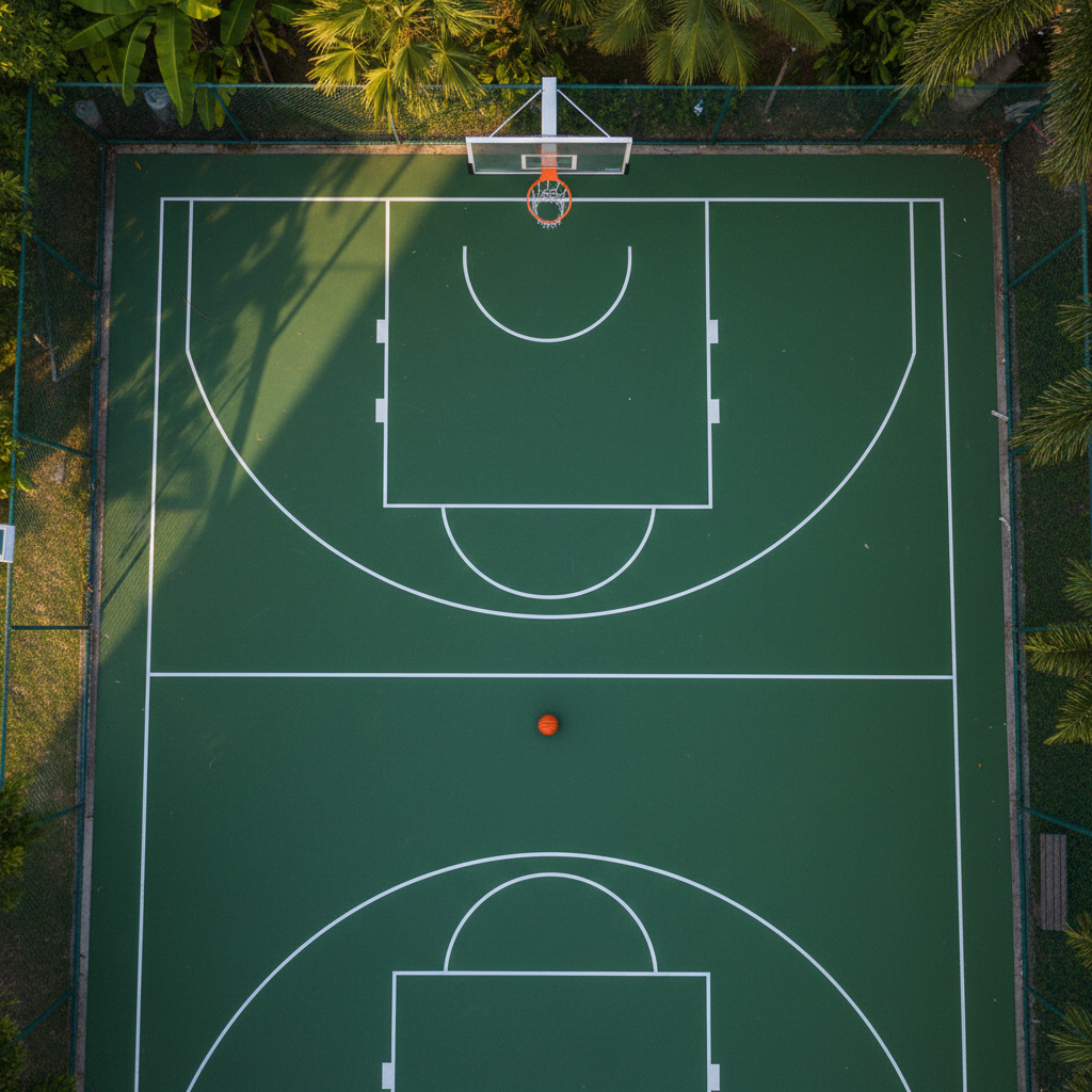 An aerial, photographic realism view of a pristine outdoor basketball court in Thailand, with freshly painted white lines contrasting against a deep green surface. A single orange ball sits exactly on the center circle, its small shadow crisp in the late afternoon golden light. Around the court, hints of tropical foliage appear softly blurred, suggesting a Thai urban park setting without distraction. The backboard and rim are visible at the top edge, aligned in clean geometric symmetry. Warm, low-angle sunlight stretches elongated shadows of the hoop and fence across the court, creating a dramatic yet orderly atmosphere. The composition feels modern, minimal, and focused, perfectly suited for feature stories on grassroots Thai basketball development.